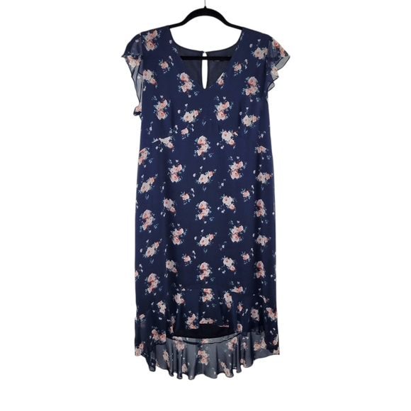 Noir Blue Floral Flutter Sleeve High Low V-Neck Shift Dress Women's Size L - Picture 1 of 6